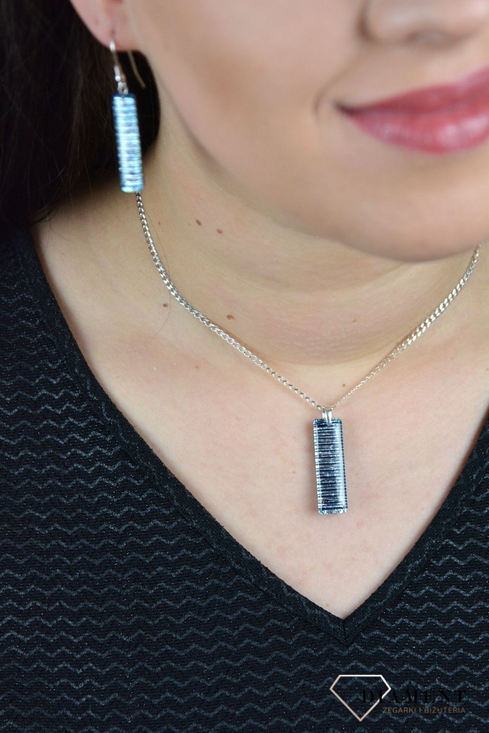 Srebrna zawieszka szkło weneckie 'Niebiesko srebrne paski' Murano 53.jpg